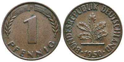 ФРГ 1 пфенниг 1950 D KM 105, J.380 сталь плакированная медью 54-1037