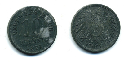 ГЕРМАНИЯ 10 ПФЕННИГОВ 1921 KM 26, J. 299 цинк 54-522