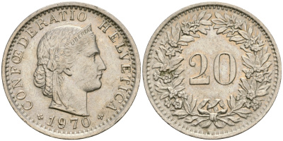 Швейцария 20 раппенов 1970 KM 29а медно-никель 4364-1417