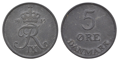 Дания 5 эре 1955 N; S, Фредерик IX (1947-1972) KM 843.1 цинк 4680-241