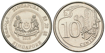 Сингапур 10 центов 2014 KM 346 сталь плакированная никелем aUNC 4618-823