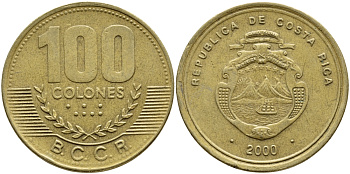 КОСТА-РИКА 100 КОЛОН 2000 B.C.C.R. KM 240 латунь 59-322