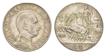 Италия 1 лира 1913 R, Виктор Эммануил III (1900-1946) KM 45 серебро 4178-437