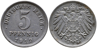 ГЕРМАНИЯ 5 ПФЕННИГОВ 1919 E KM 19, J. 297 железо 4387-754