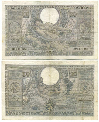 БЕЛЬГИЯ 100 ФРАНКОВ - 20 БЕЛГА 1937 30 ЯНВАРЯ 1937 Pick 107 бумага 6262-52-3-1