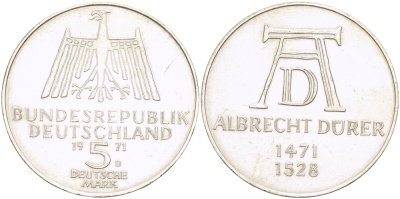 ФРГ 5 марок 1971 D, 500 лет со дня рождения Альбрехта Дюрера KM 129, J. 410 серебро 413-1342