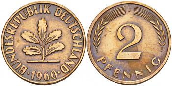 ФРГ 2 ПФЕННИГА 1960 J KM 106, J. 381 бронза 4532-1257