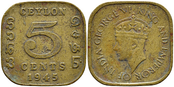 ЦЕЙЛОН 5 ЦЕНТОВ 1945 ГЕОРГ VI KM 113.2 никель латунь 4392-1369