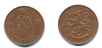 Финляндия 10 пенни 1929 республика (1918-1962) KM 24 медь 46-1637