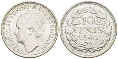 Нидерланды 10 центов 1941 Вильгельмина I (1890-1948) КМ 163 серебро UNC 4532-1168