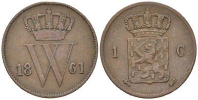 Нидерланды 1 цент 1861 Виллем III (1849-1890) KM 100 медь 4181-1219
