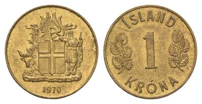 Исландия 1 крона 1970 KM 12a никель латунь aUNC 4691-447