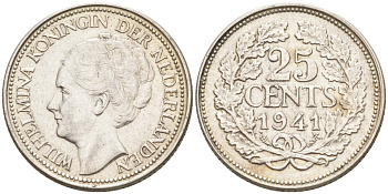 Нидерланды 25 центов 1941 Вильгельмина (1890-1948) KM 164 серебро 94-742