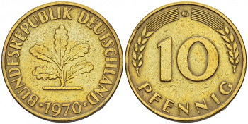 ФРГ 10 ПФЕННИГОВ 1970 G KM 108, J. 383 сталь плакированная латунью 4544-1124