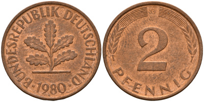 ФРГ 2 пфеннига 1980 G J.381a, KM 106a сталь плакированная медью    4598-854