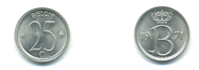 Бельгия 25 сантимов 1971 Belgie, Бодуэн I (1951-1993 KM 154.1 медно-никель UNC 80-928