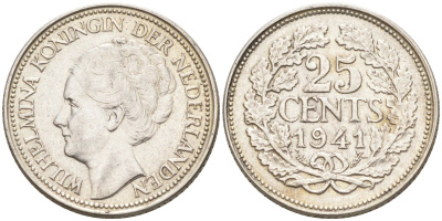 Нидерланды 25 центов 1941 Вильгельмина (1890-1948) KM 164 серебро 94-742
