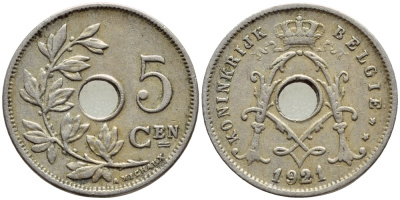 Бельгия 5 сантимов 1921/11 Belgie KM 67 медно-никель 4396-348