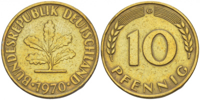ФРГ 10 ПФЕННИГОВ 1970 G KM 108, J. 383 сталь плакированная латунью 4544-1124
