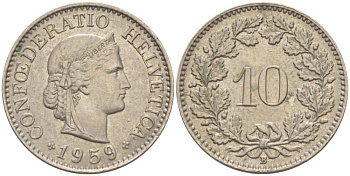ШВЕЙЦАРИЯ 10 РАППЕНОВ 1959 В KM 27 медно-никель 39-953
