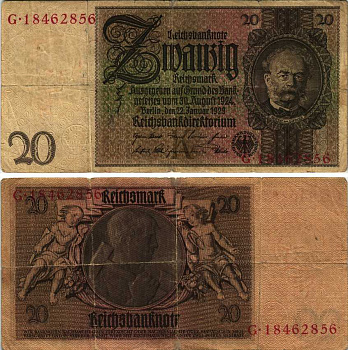 ГЕРМАНИЯ 20 РЕЙХСМАРОК 1929 БУКВА К Pick 181а бумага 6266-29-2-2