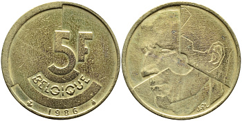 БЕЛЬГИЯ 5 ФРАНКОВ 1986 BELGIQUE KM 163 латунь или алюминевая бронза 4384-934