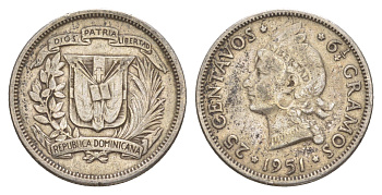 Доминиканы (Доминиканская Республика) 25 сентаво 1951 KM 20 серебро 4646-222