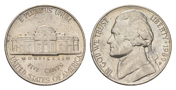 США 5 центов 1989 P, Джефферсон KM A192 медно-никель 4627-1116