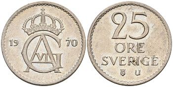 Швеция 25 эре 1970 Густав VI Адольф (1950-1973) KM 836 медно-никель 4585-458