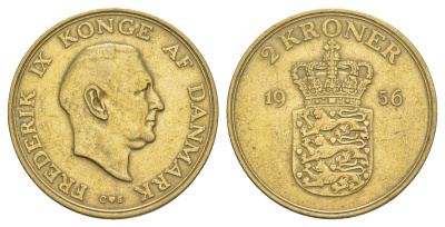 Дания 2 кроны 1956 C, Фредерик IX (1947-1972) KM 838 алюминиевая бронза 4653-525