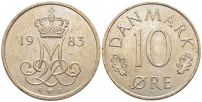 Дания 10 эре 1983 R; B, Маргрете  II (1972-2024) KM 860.3 медно-никель 116-253