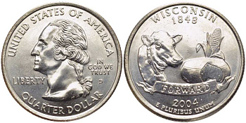 США 25 центов = квотер 2004 D, серия штаты США, Висконсин KM 359 медь плакированная медно-никелем UNC M49-19