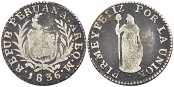 Перу 1/2 реала 1836 М, год тип KM 144.4 серебро 1517-721