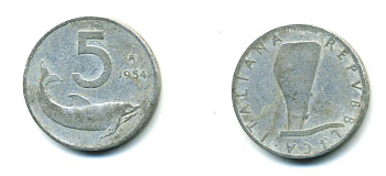 ИТАЛИЯ 5 ЛИР 1954 R, РУЛЬ, ДЕЛЬФИН KM 92 алюминий 23-1123