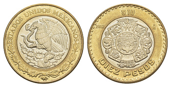 Мексика 10 песо 2002 Мо, бог Тонатиуха с огненной маской KM 616 биметалл aUNC 4637-723