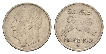 Норвегия 50 эре 1962 Улаф V (1957-1991) KM 408 медно-никель aUNC 4635-427