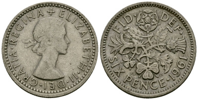 Великобритания 6 пенсов 1961 Елизавета II (1952-2022) KM 903, Spink 4149 медно-никель 4173-1252