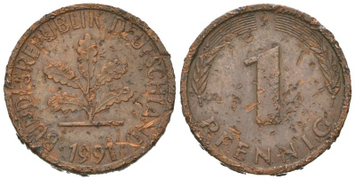 Германия 1 пфенниг 1991 J KM 105 сталь плакированная медью 4532-222