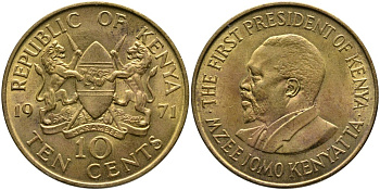 Кения 10 центов 1971 Джомо Кениата KM 11 никель латунь 4526-1115