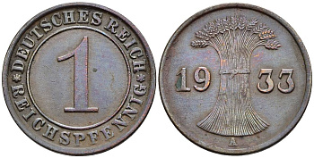 ГЕРМАНИЯ 1 РЕЙХСПФЕННИГ 1933 A KM 37, J. 313, Weege 2 бронза 4547-164