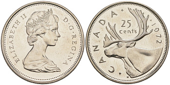 Канада 25 центов 1972 Елизавета II (1952-2022), олень KM 62 b никель UNC 63-436