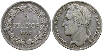 Бельгия 5 франков 1848 Леопольд I (1831-1865), в венке KM 3.2 серебро 74-1011