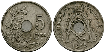 Бельгия 5 сантимов 1922 Belgie KM 67 медно-никель 4173-252