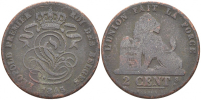 БЕЛЬГИЯ 2 САНТИМА 1845 BELGES KM 4.2 медь 110-533