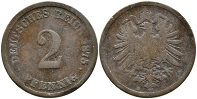 ГЕРМАНИЯ 2 ПФЕННИГА 1875 D, СТАРОГЕРБОВКА KM 2, J.2 медь 72-925