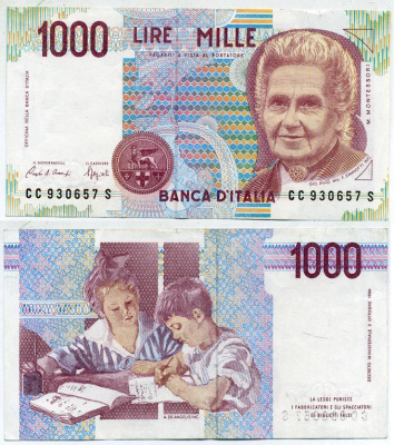 Италия 1000 лир 1990 Мария Монтессори Pick 114а бумага 7218-8-2
