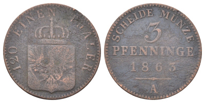 Пруссия 3 пфеннига 1863 А, Вильгельм I (1861-1888) KM 482 медь 4707-633