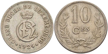 Люксембург 10 сантимов 1924 Шарлотта (1918-1964) KM 34 медно-никель 105-769