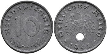 ГЕРМАНИЯ 10 РЕЙХСПФЕННИГОВ 1941 А KM 101, J.371 цинк 95-737