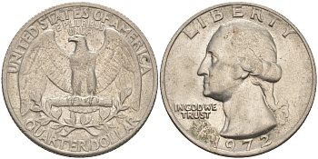 США 25 центов (квотер) 1972 Вашингтон KM 164a медь плакированная медно-никелем 4114-811